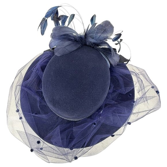 Vintage Womans Michael Howard Georgi Hat Wool Wide Brim Feather Veil Blue Church - Picture 6 of 10